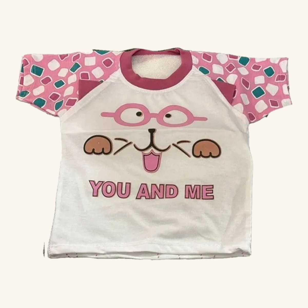 Kids Cat Face Print T-Shirt & Shorts Set, front